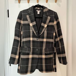 H&M Oversized Wool Blend Blazer Jacket, Size XS, Dark Gray Checked